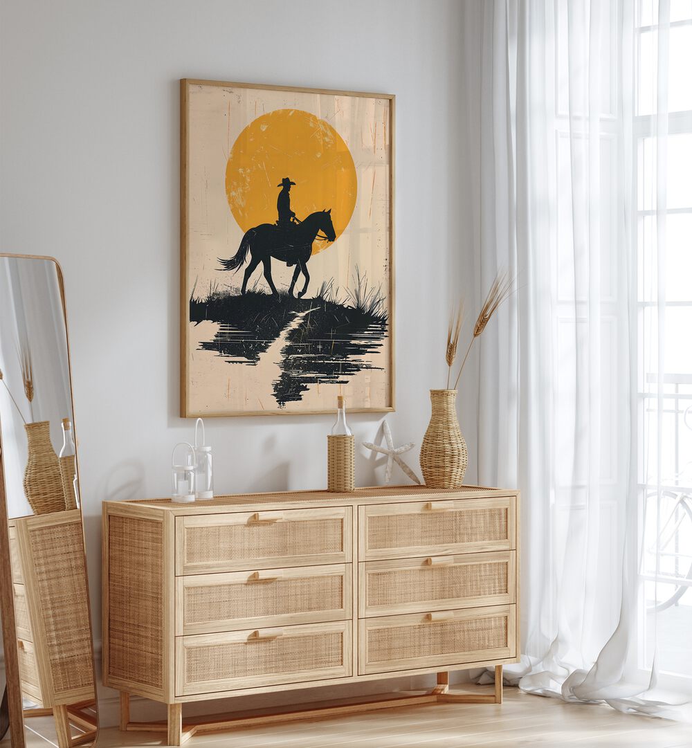 Lone cowboy silhouetted against a stunning sunset, embodying adventure in the COWBOY IN THE SUNSET artwork.
