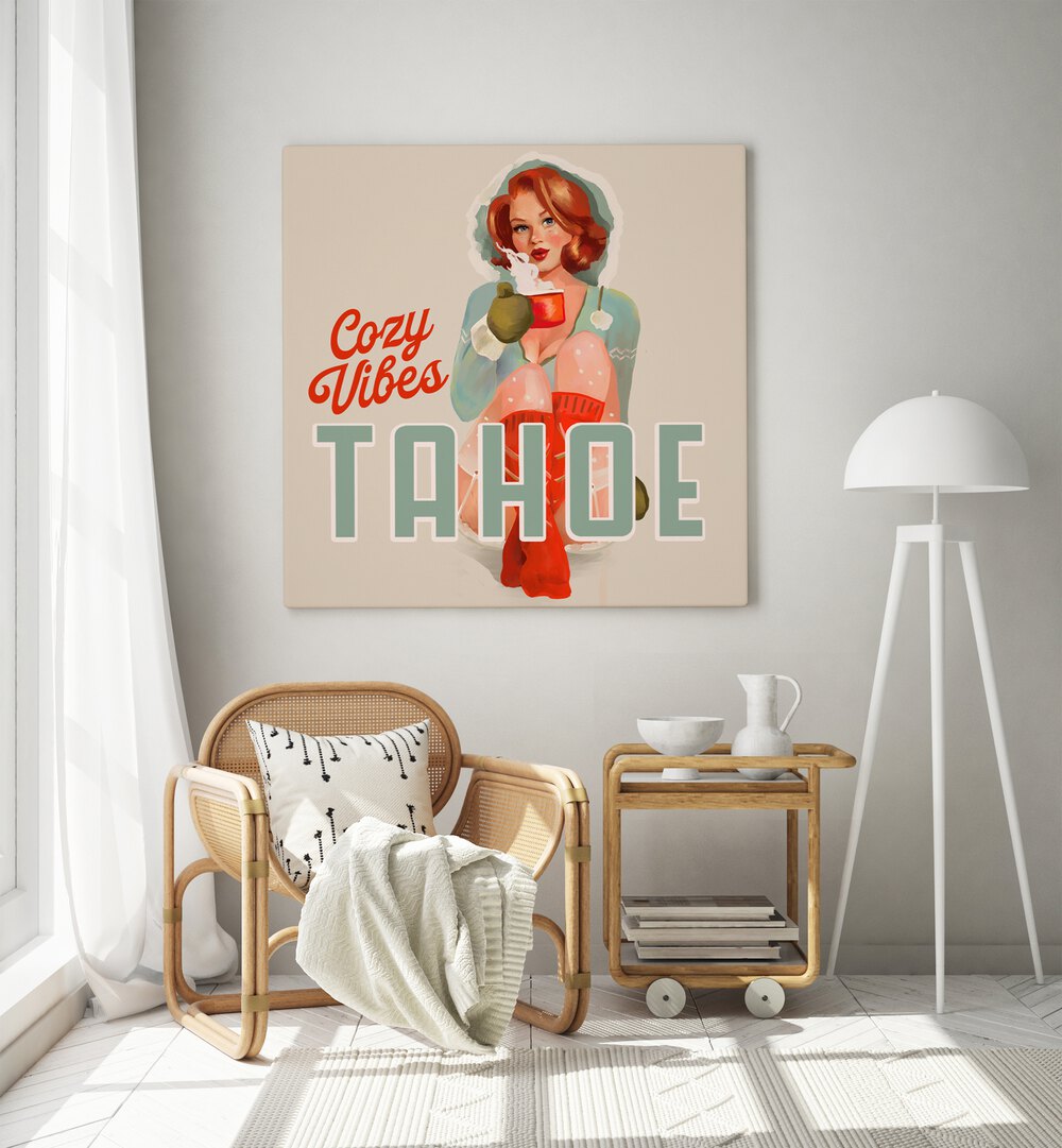 Cozy Vibes, Bar art featuring a warm women illustration, perfect for creating a serene cafe atmosphere at home.