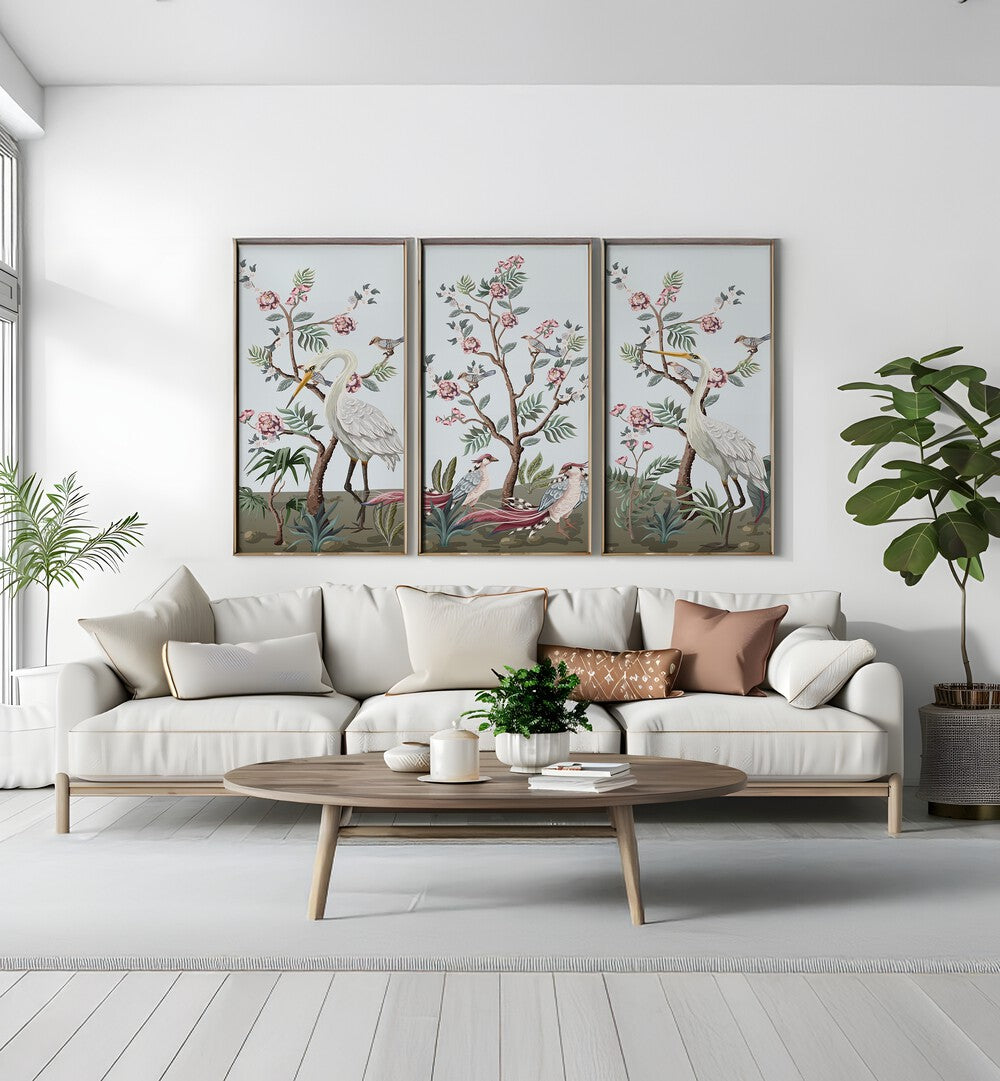 Elevate your home decor with the CRANES SET , SET OF 3 PAINTINGS, showcasing elegant cranes in a serene setting.