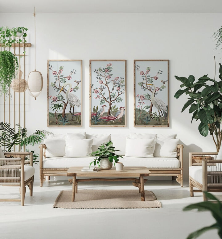 Elevate your space with the CRANES SET, SET OF 3 PAINTINGS, featuring elegant cranes and serene natural elements.