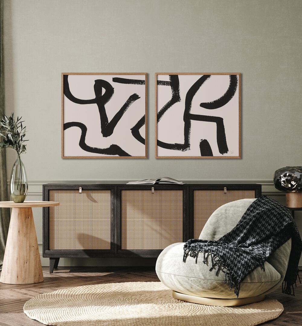 CURVY LINES SET, SET OF 2 PAINTINGS features bold black strokes on white, enhancing modern decor beautifully.