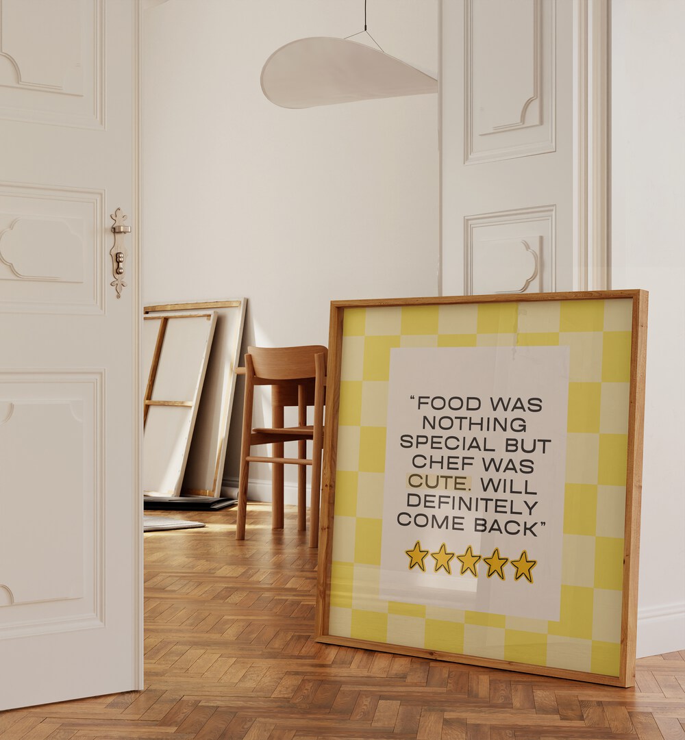 Brighten your kitchen with CUTE CHEF-YELLOW, QUOTES typography poster featuring an adorable chef design.