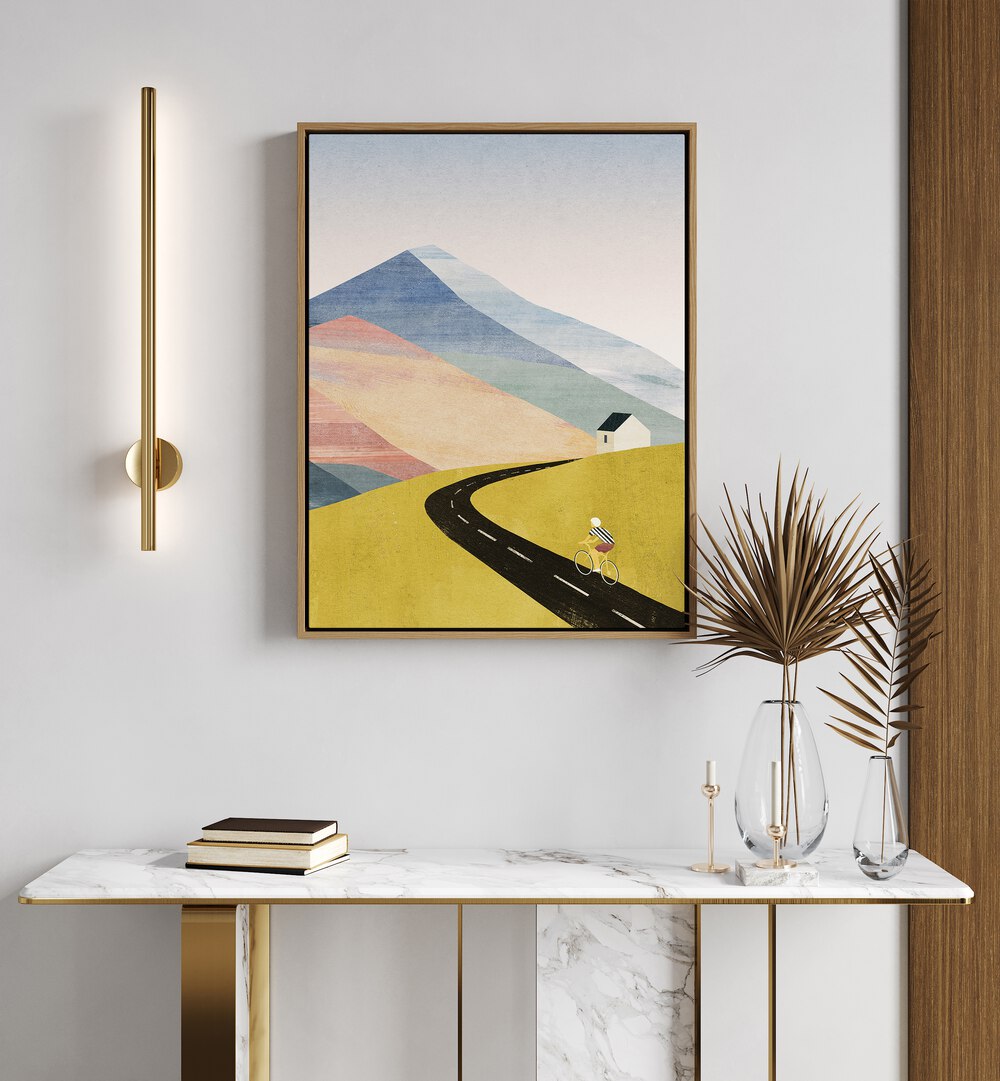 Elegant CYCLING HOME, LANDSCAPE PAINTINGS art print showcasing a serene Rocky Mountain scene perfect for any space.