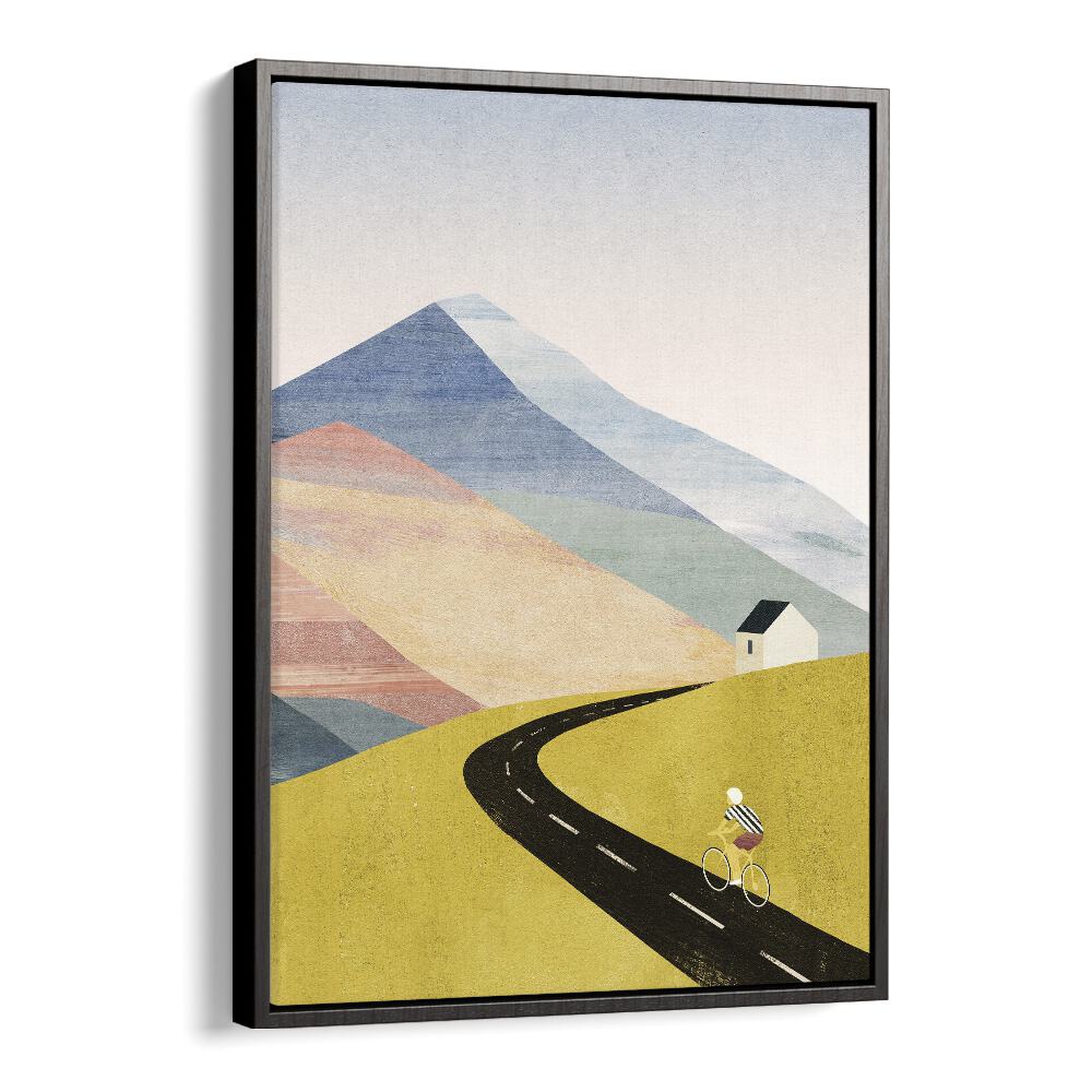 Cycling Home, Landscape Paintings art print showcases a cyclist on a winding road through stunning Rocky Mountain views.