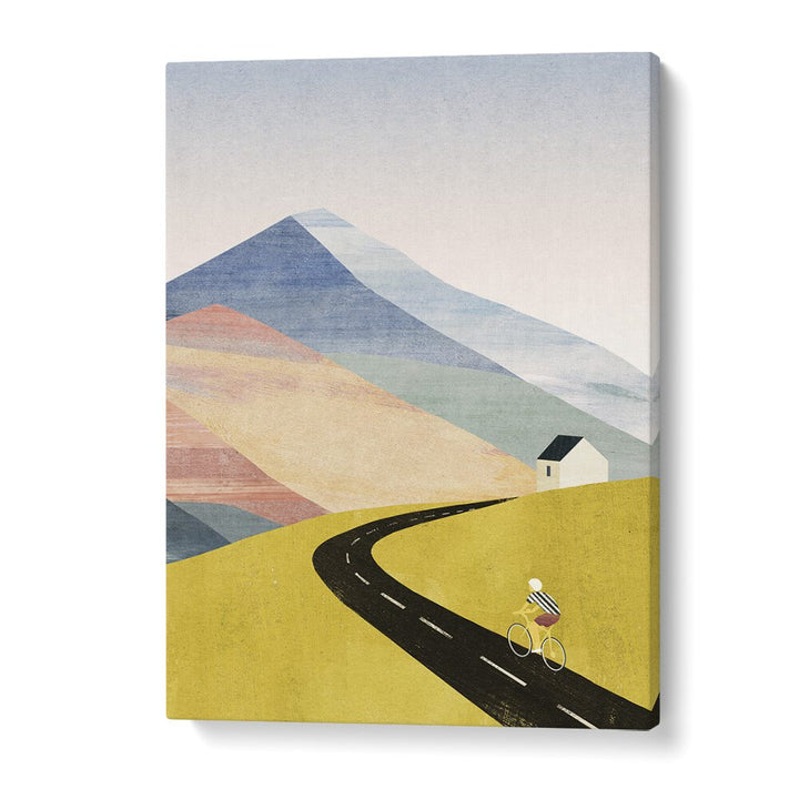 Breathtaking CYCLING HOME, LANDSCAPE PAINTINGS art print showcasing Rocky Mountains, perfect for enhancing your living space.