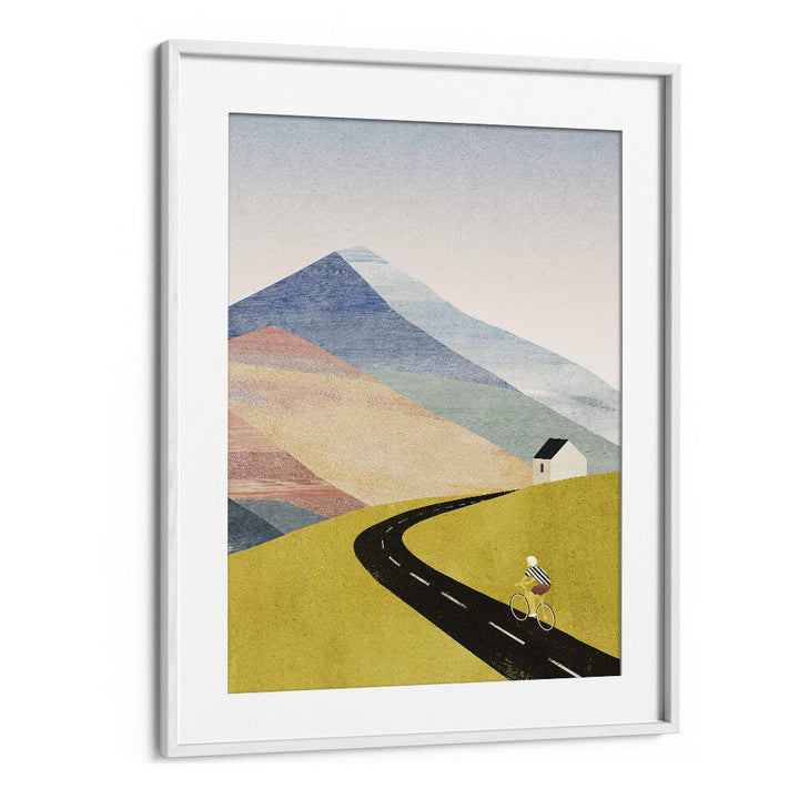 Breathtaking CYCLING HOME, LANDSCAPE PAINTINGS art print showcasing Rocky Mountain scenery in a stylish white frame.