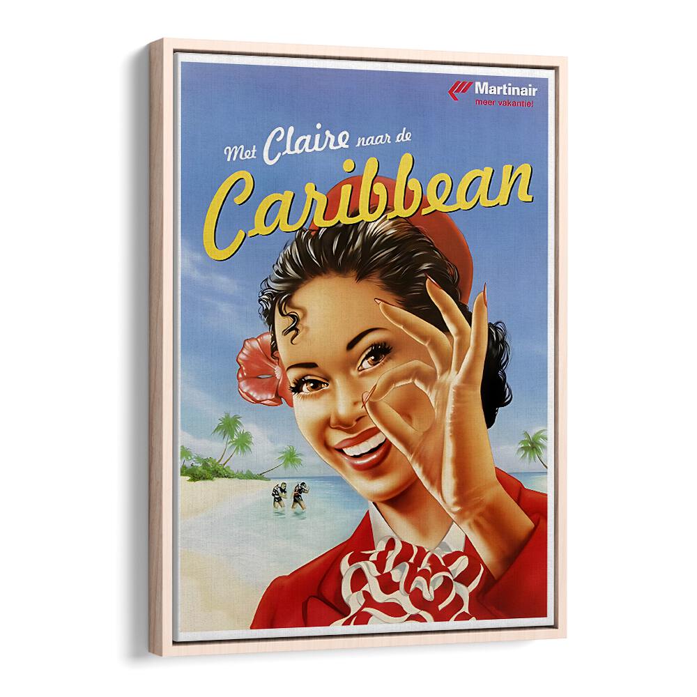 Colorful CARIBBEAN, VINTAGE TRAVEL POSTERS in a wooden frame evoke tropical paradise vibes for your home decor.