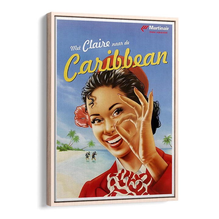 Colorful CARIBBEAN, VINTAGE TRAVEL POSTERS in a wooden frame evoke tropical paradise vibes for your home decor.