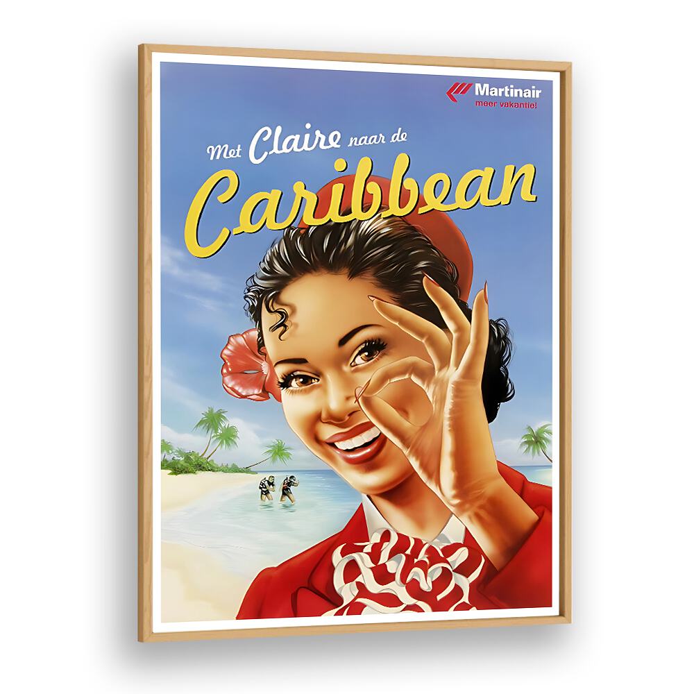 Bright and cheerful CARIBBEAN, VINTAGE TRAVEL POSTERS in an oak frame, perfect for tropical-inspired decor.