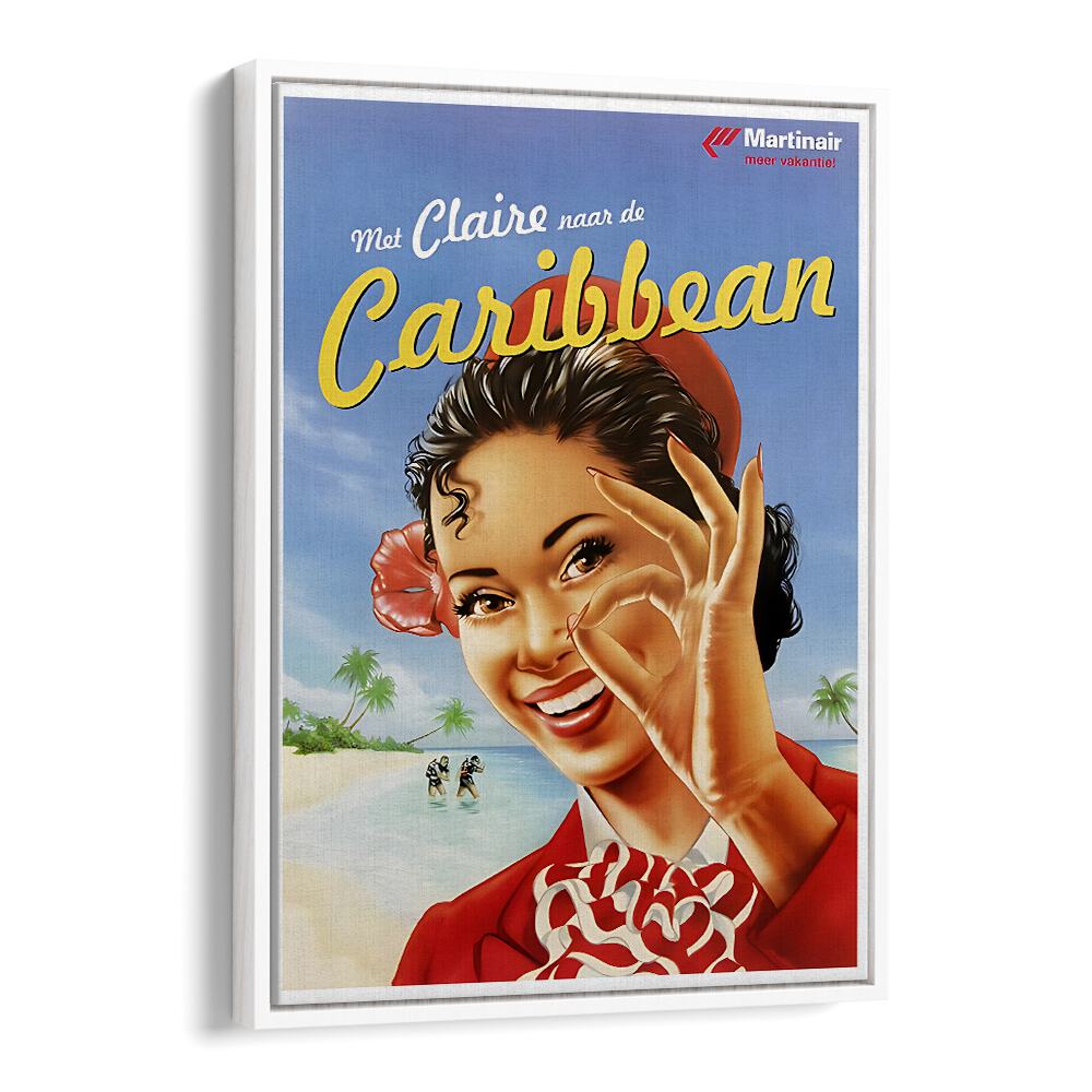 Bright Caribbean vintage travel poster featuring a joyful woman, perfect for enhancing your decor with tropical vibes.