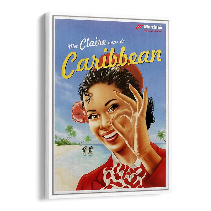 Bright Caribbean vintage travel poster featuring a joyful woman, perfect for enhancing your decor with tropical vibes.