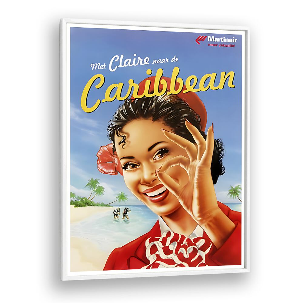 Bright and vibrant CARIBBEAN , VINTAGE TRAVEL POSTERS in a white frame, perfect for adding tropical charm to your decor.