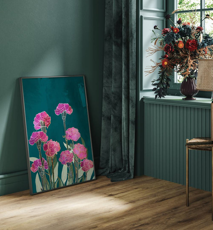 Vibrant CARNATION I, FLORAL FLOWER PAINTINGS by Sarah Manovski enhances any space with its exquisite beauty.