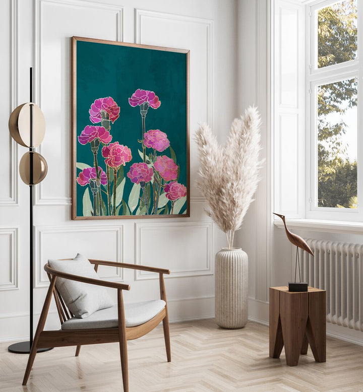Vibrant pink CARNATION I, FLORAL FLOWER PAINTINGS by Sarah Manovski, showcasing nature's beauty on canvas.