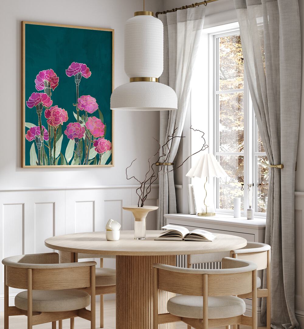 Vibrant CARNATION I, FLORAL FLOWER PAINTINGS by Sarah Manovski, showcasing exquisite blooms in an elegant setting.