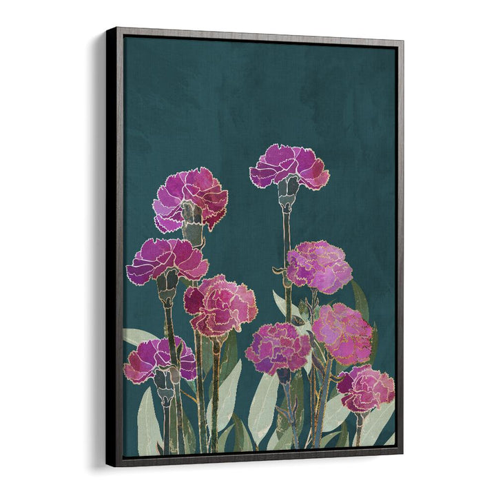 Vibrant CARNATION I, FLORAL FLOWER PAINTINGS by Sarah Manovski, showcasing lush pink blooms in a black floater frame.