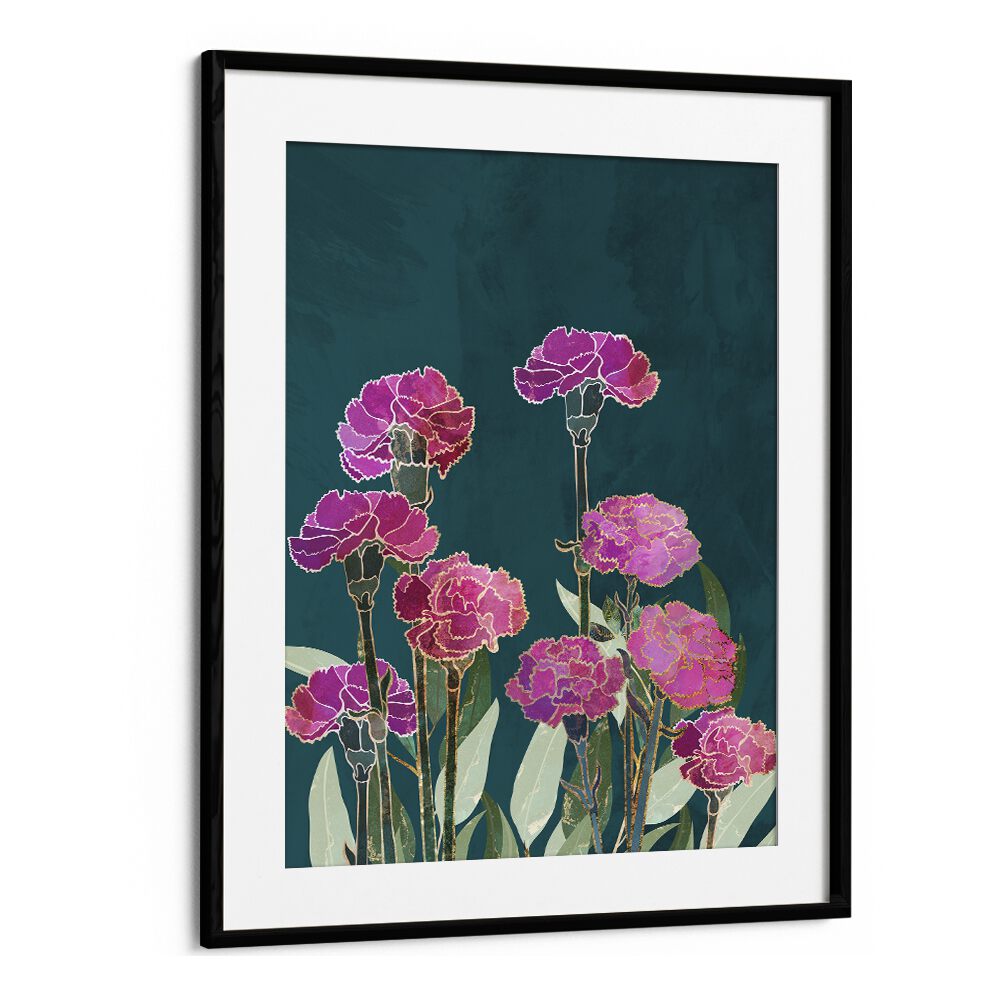 Vibrant CARNATION I, FLORAL FLOWER PAINTINGS by Sarah Manovski showcases exquisite beauty in a black frame.
