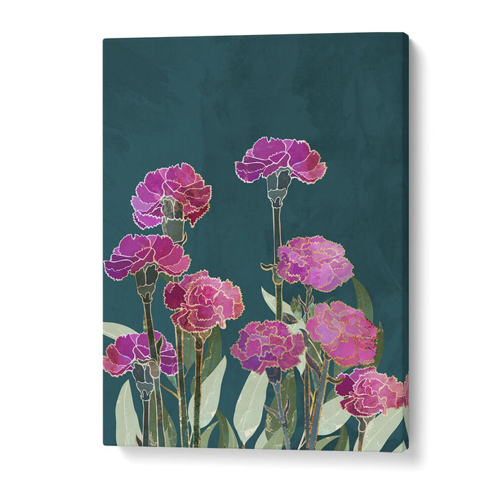 Vibrant CARNATION I, FLORAL FLOWER PAINTINGS by Sarah Manovski, showcasing beautiful pink flowers on a teal background.