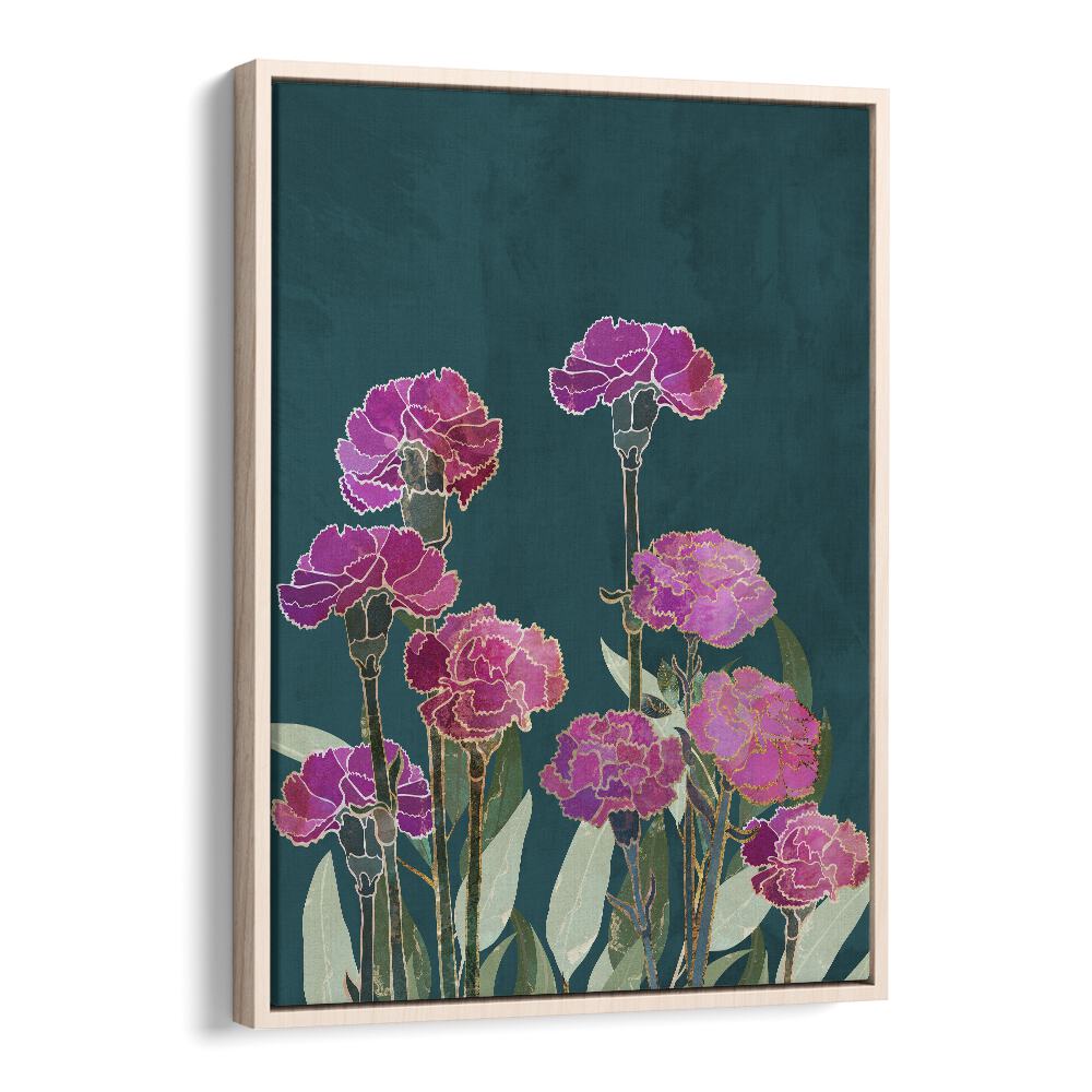 Vibrant CARNATION I, FLORAL FLOWER PAINTINGS by Sarah Manovski, showcasing beautiful pink carnations in a framed design.