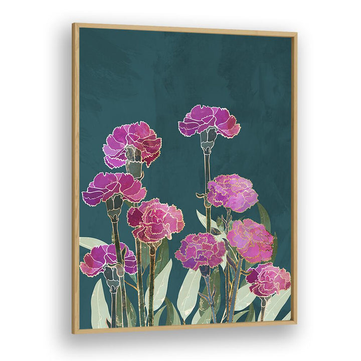 Vibrant CARNATION I, FLORAL FLOWER PAINTINGS by Sarah Manovski, showcasing exquisite blooms in a framed artwork.