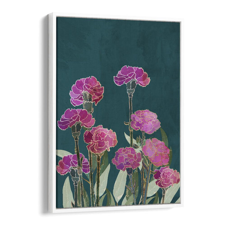 Vibrant CARNATION I, FLORAL FLOWER PAINTINGS by Sarah Manovski, showcasing beautiful pink flowers on a dark background.
