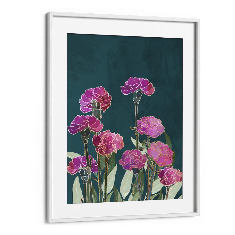 Vibrant CARNATION I, FLORAL FLOWER PAINTINGS by Sarah Manovski, showcasing beautiful pink carnations in a framed print.
