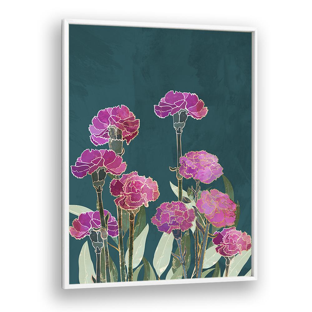 Vibrant CARNATION I, FLORAL FLOWER PAINTINGS by Sarah Manovski, showcasing exquisite blooms in a stylish frame.