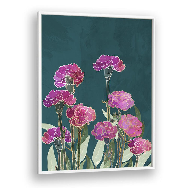 Vibrant CARNATION I, FLORAL FLOWER PAINTINGS by Sarah Manovski, showcasing exquisite blooms in a stylish frame.