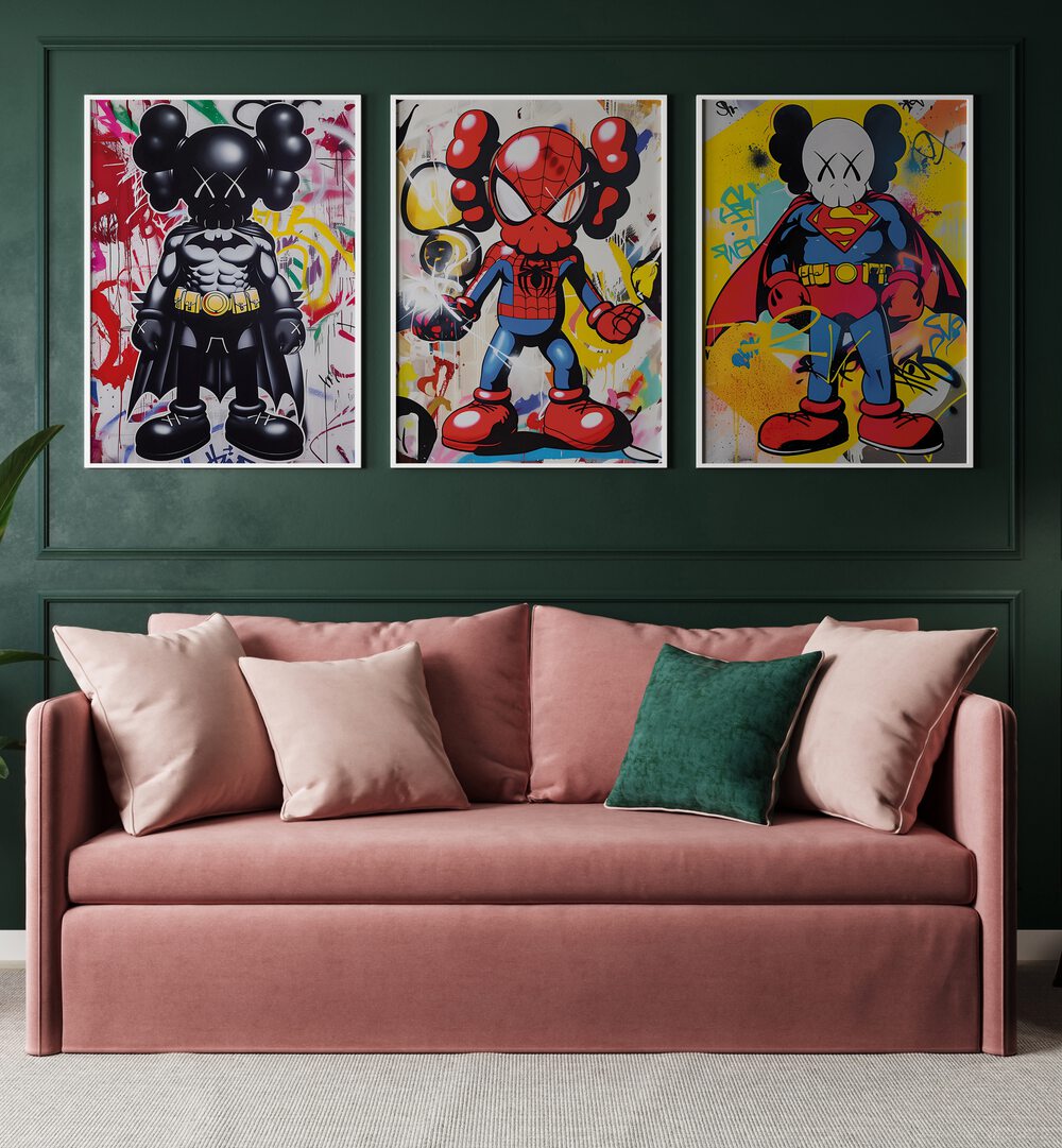 Vibrant CARTOON SUPERHERO SET, SET OF 3 PAINTINGS perfect for transforming your child's room into a superhero paradise.