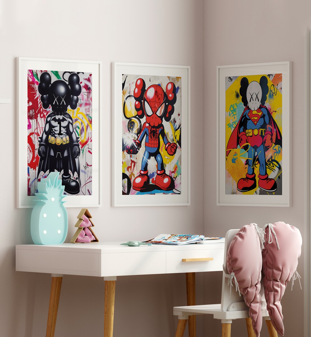 Vibrant CARTOON SUPERHERO SET, SET OF 3 PAINTINGS perfect for energizing your child's room decor.