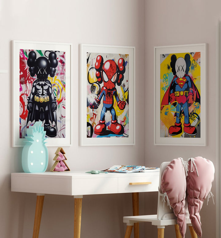 Vibrant CARTOON SUPERHERO SET, SET OF 3 PAINTINGS perfect for energizing your child's room decor.