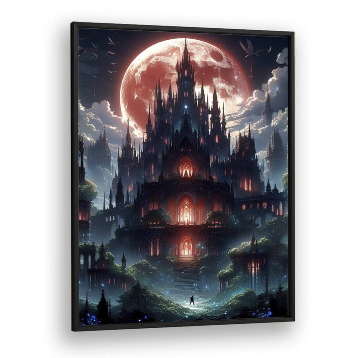 Intricate CASTLE OF NIGHTMARES, SURREAL ART PRINTS by Ritvik Takkar, showcasing a mystical realm under a glowing moon.