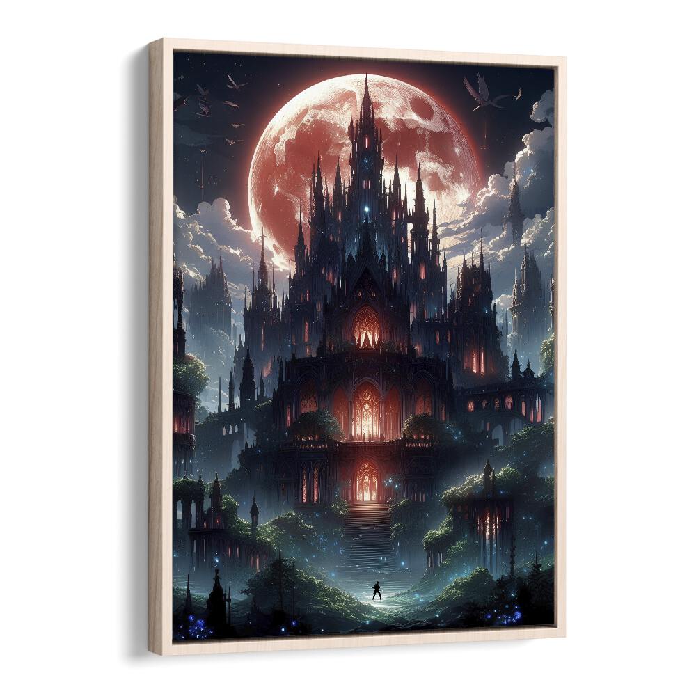 Enchanting CASTLE OF NIGHTMARES, SURREAL ART PRINTS by Ritvik Takkar, showcasing a mystical castle under a full moon.