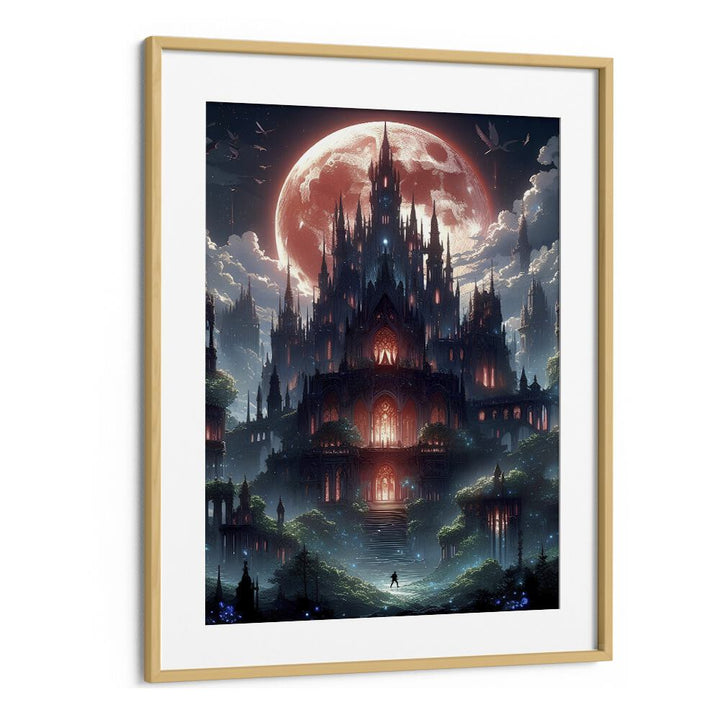 Experience the ethereal beauty of the CASTLE OF NIGHTMARES, SURREAL ART PRINTS by Ritvik Takkar, framed in oak.