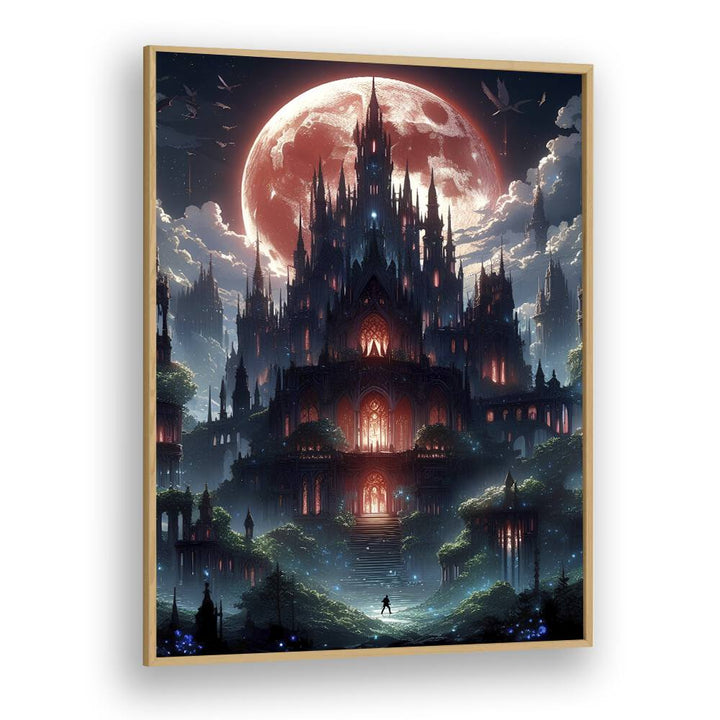 Surreal fantasy artwork, "CASTLE OF NIGHTMARES, SURREAL ART PRINTS," by Ritvik Takkar, framed in oak wood.