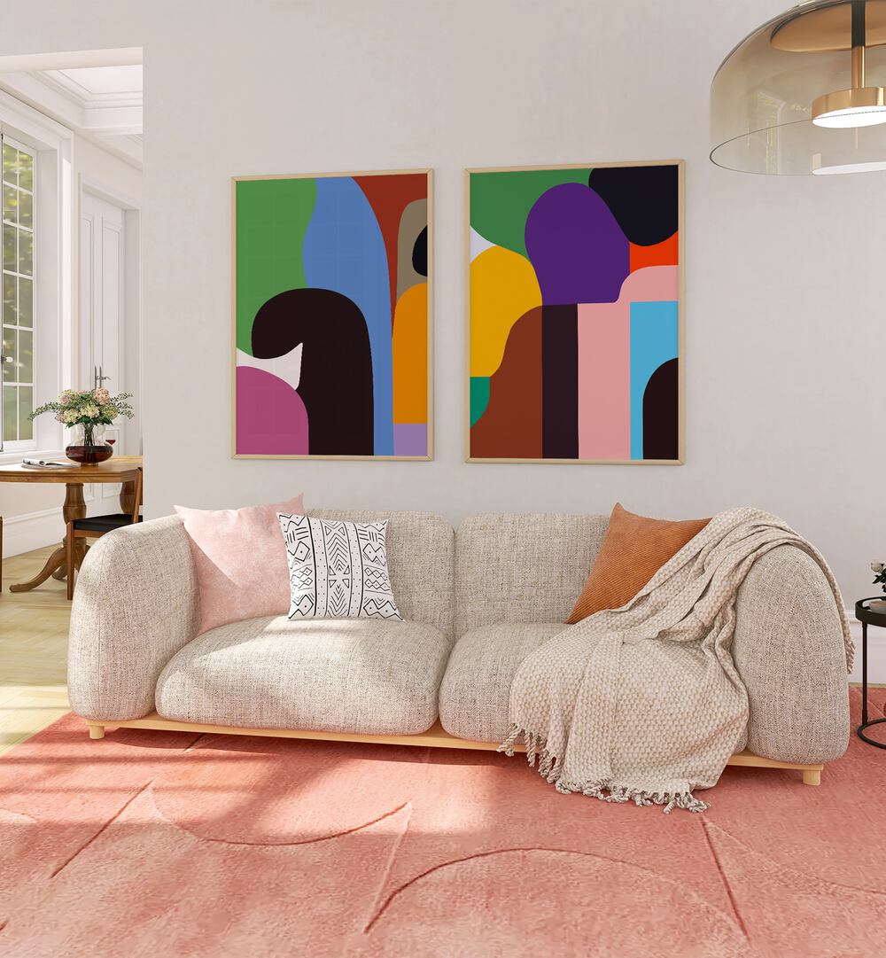 Brighten your home with the COLOURFUL PEOPLE, SET OF 2 PAINTINGS, featuring vibrant abstract art for modern decor.