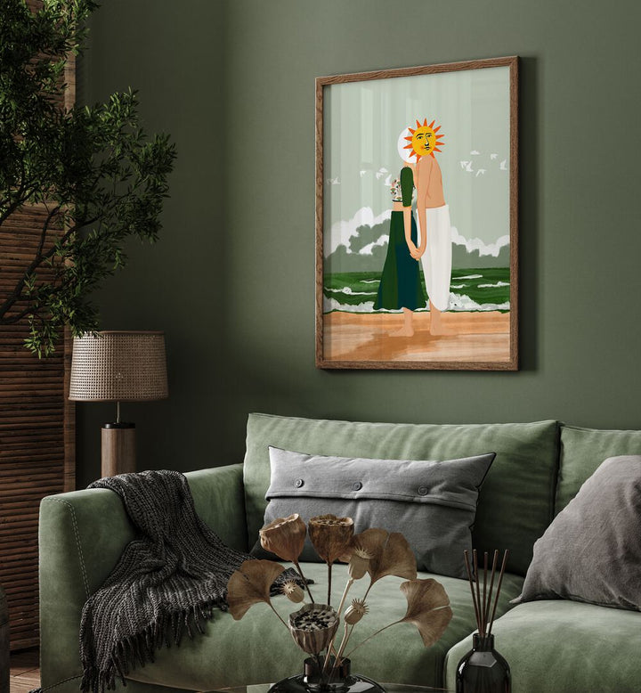 Stylish living room featuring CELESTIAL UNION, LANDSCAPE PAINTINGS by Uma Gokhale, enhancing home decor with elegance.