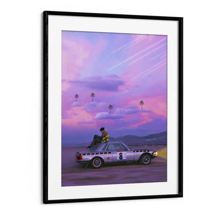 Chasing Paradise, surreal art prints by Ritvik Takkar, feature a dreamlike scene with vibrant colors and a vintage car.