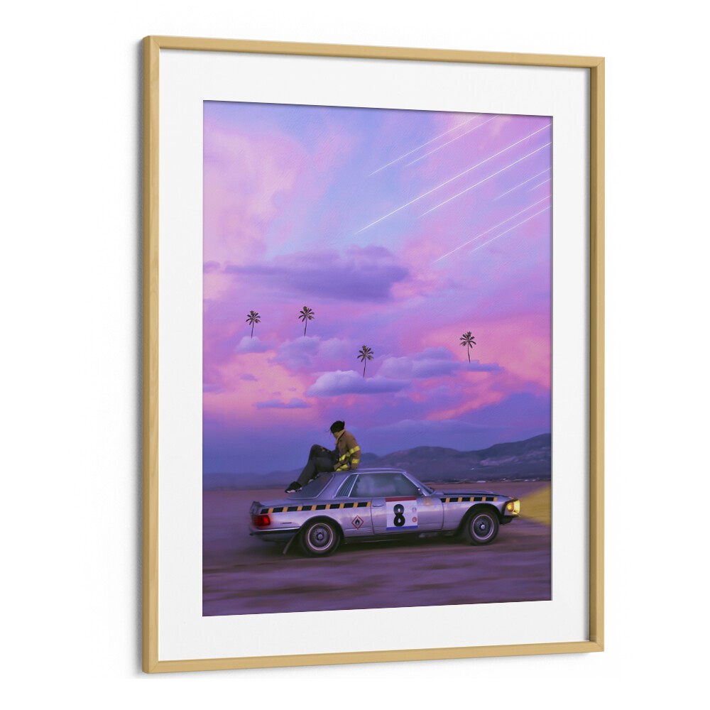 Chasing Paradise, surreal art prints by Ritvik Takkar, feature a dreamlike scene with a vintage car under vibrant skies.
