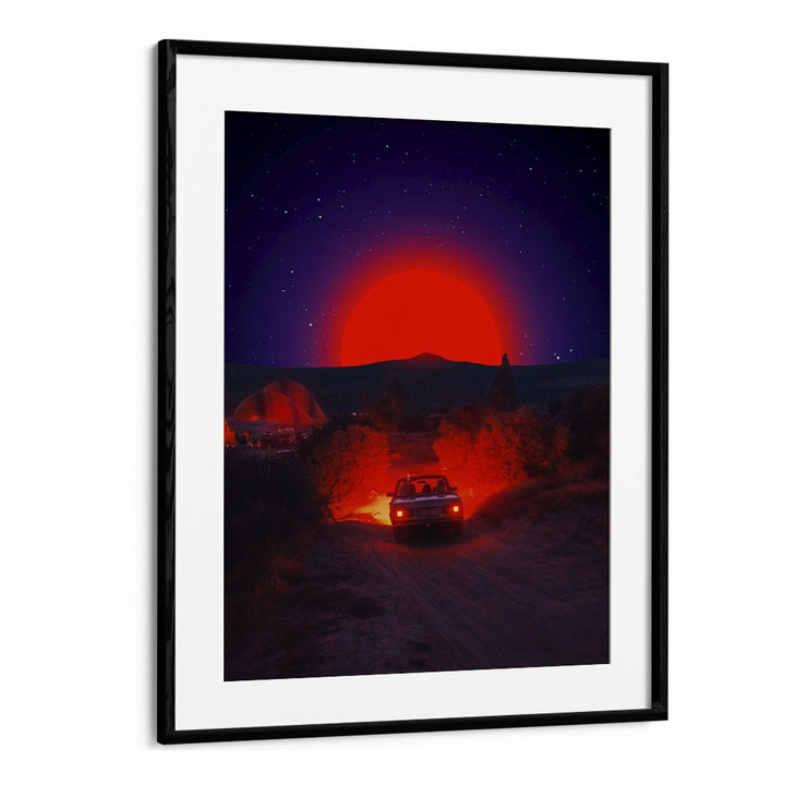 Transform your space with CHASING THE RED SUN, SURREAL ART PRINTS by Ritvik Takkar, featuring a vibrant red sunset.
