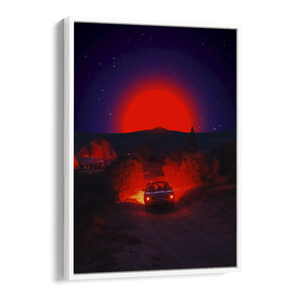 Transform your space with CHASING THE RED SUN, SURREAL ART PRINTS by Ritvik Takkar, featuring a captivating sunset scene.
