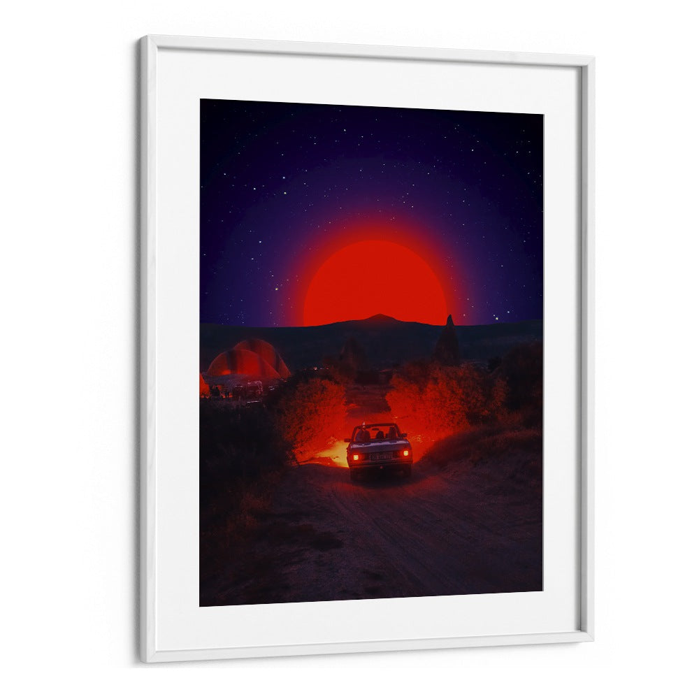 Captivating CHASING THE RED SUN, SURREAL ART PRINTS by Ritvik Takkar, featuring a vibrant red sun and serene landscape.