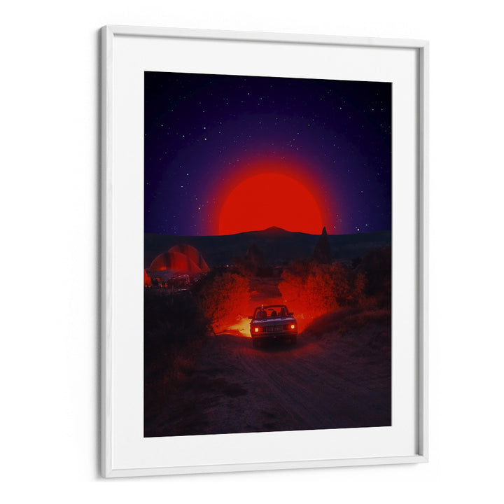 Captivating CHASING THE RED SUN, SURREAL ART PRINTS by Ritvik Takkar, featuring a vibrant red sun and serene landscape.