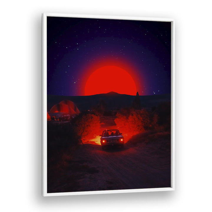 Transform your space with CHASING THE RED SUN, SURREAL ART PRINTS by Ritvik Takkar, featuring a striking red sunset.
