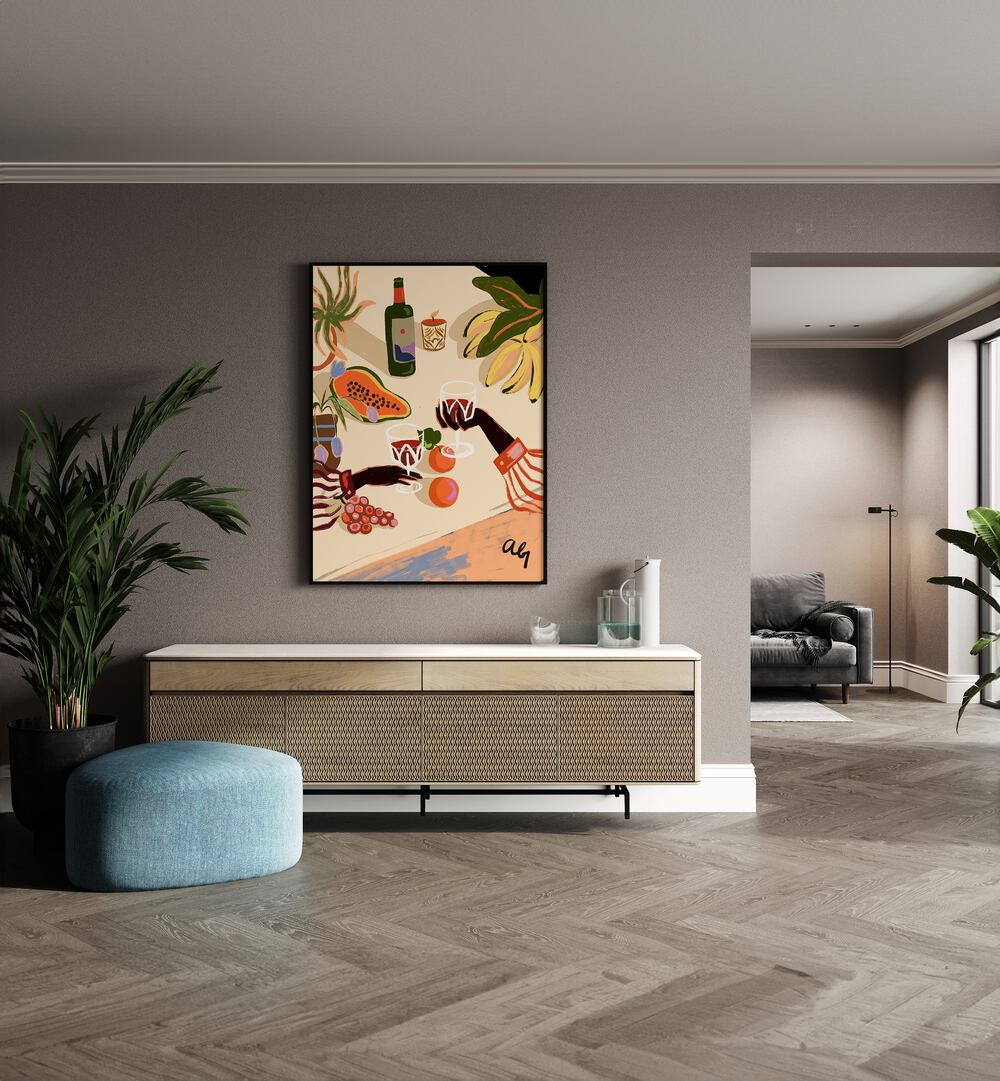 Elevate your space with "CHEERS TO YOU, KITCHEN POSTERS" by Arty Guava, featuring vibrant drinks and fruits.