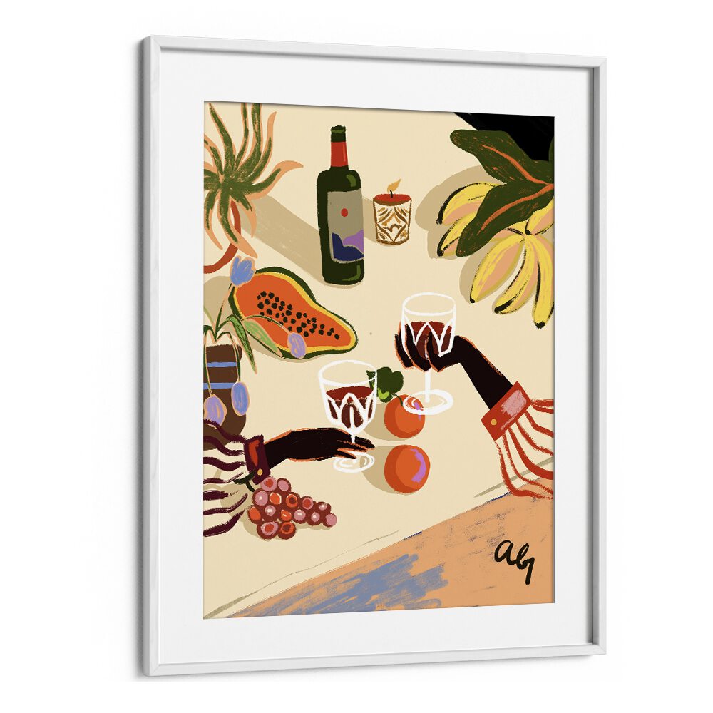 Bright and vibrant "CHEERS TO YOU, KITCHEN POSTERS" by Arty Guava, featuring a toast with drinks and fresh fruits.