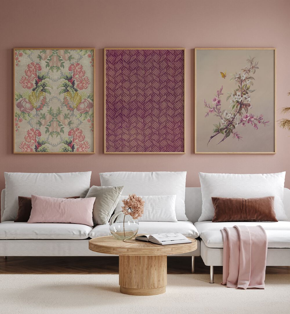 Elegant CHERRY BLOSSOMS, SET OF 3 PAINTINGS brightening a cozy living space with charm and sophistication.
