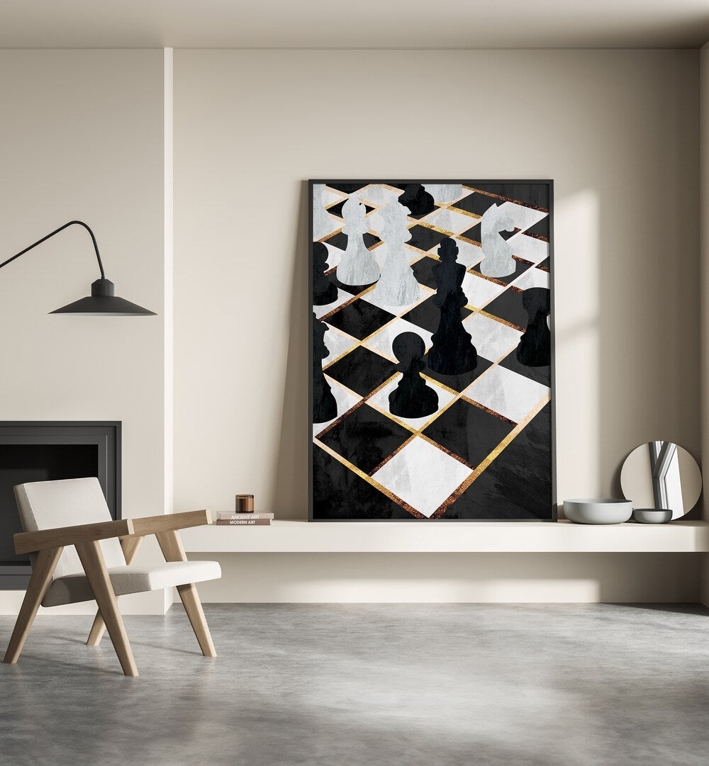 Elevate your space with the CHESS BLACK AND GOLD, GAMING POSTERS by Sarah Manovski, perfect for any gaming environment.