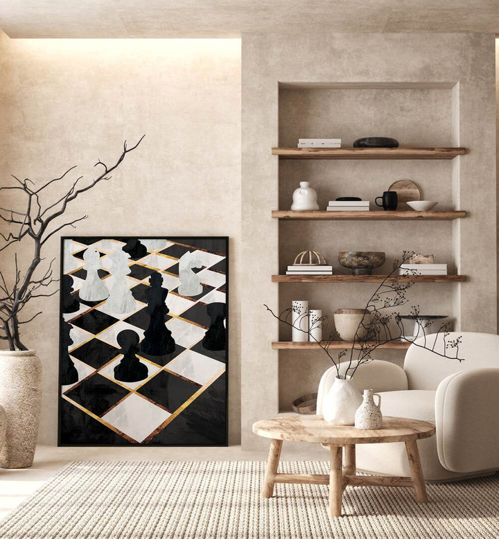 Enhance your gaming space with the CHESS BLACK AND GOLD, GAMING POSTERS by Sarah Manovski, showcasing elegant chess artistry.