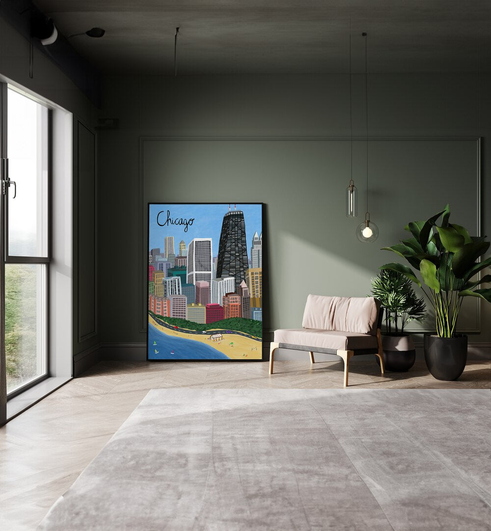 Stunning CHICAGO CITY WITH BEACHFRONT ON LAKE MICHIGAN, TRAVEL POSTERS by Carla Daly, perfect for home decor.